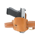 Brown leather belt slide OWB holster with firearm inserted, front view