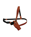Brown leather chest carry holster with adjustable cross body strap for hunting and outdoor use