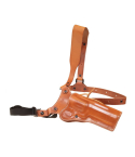 Brown leather chest holster front angle view showing cross chest carry configuration