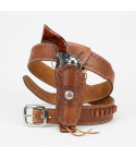 Brown Western Leather Revolver Holster Belt with Cartridge Loops – product front view – tooled brown leather holster, belt, buckle, and cartridge loop section