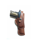Brown leather field holster with snap retention strap and stitched edges