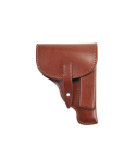 Brown leather flap holster front view with closed snap strap