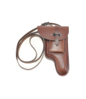 Brown leather flap holster with shoulder strap laid flat showing full carry setup