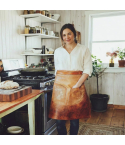 Brown leather half waist work apron worn in a kitchen environment