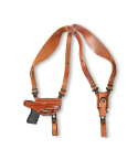 Brown leather horizontal shoulder holster with adjustable harness and single magazine carrier laid flat