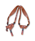 Brown leather horizontal shoulder holster with bullet carrier and adjustable leather harness displayed flat