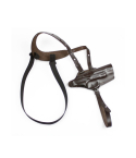 Front angle view of brown leather shoulder holster with harness straps