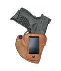Brown Leather IWB Holster With Reverse J Clip – front view showing 15 degree cant, tension screw, and steel belt clip