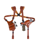 Brown Leather Lined Shoulder Holster System showing holster and double magazine carrier on harness