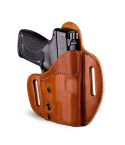 Brown Leather Locking OWB Holster with firearm inserted showing automatic retention system