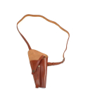 Brown leather M3-style shoulder holster laid flat showing full adjustable shoulder strap and vertical holster orientation on a white background