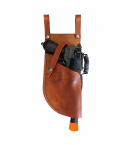 Brown Leather Mauser Merr Sonn Power 5 Molded Holster with Notch shown with prop blaster inserted