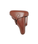 Brown leather military-style OWB flap holster shown from front view with closed flap