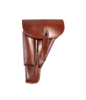 Brown leather OWB flap holster front view with full flap closure