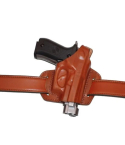 Brown leather OWB pancake holster with thumb break worn on belt