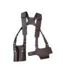 Brown leather shoulder harness holster with dual pouches shown without wearer