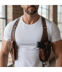 Brown Leather Shoulder Holster with Double Magazine Pouch – front worn view