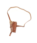 Brown leather shoulder holster laid flat showing full strap and harness layout