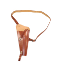 Brown leather shoulder holster laid flat showing full vertical holster body with attached shoulder strap