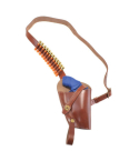 Brown leather shoulder holster with shell loops shown as full rig with adjustable strap layout
