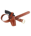 Brown leather strongside belt holster displayed with leather belt and retention strap
