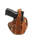 Brown Leather Thumb Break OWB Holster main view showing forward cant and retention strap