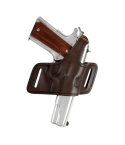 Brown Leather Thumb Break OWB Holster front angle view showing twin belt slots