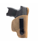Brown leather tuckable IWB holster with black clip holding a compact pistol