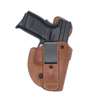 Brown Leather Tuckable IWB Holster With Forward Cant – clip side view showing reverse J steel clip, tension screw, and tuckable leather extension