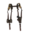 Brown Leather Vertical Shoulder Holster full harness view showing cross back straps and dual speed loader pouch