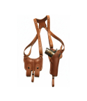 Brown premium leather vertical shoulder carry holster with adjustable harness and magazine pouch