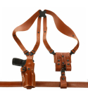 Brown Leather Vertical Shoulder Holster System with vertical handgun holster and double magazine carrier
