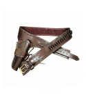 Brown leather western gun belt with holster and ammo loops on white background
