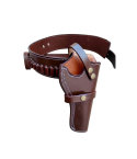 Brown leather western revolver holster with cartridge belt and white contrast stitching
