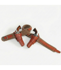 Brown suede western double holster cartridge belt laid flat showing dual holsters and ammunition loops