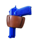 Allen Glenwood Leather Belt Slide Holster Medium Brown – brown leather – vertical draw holster with blue training pistol