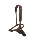 Brown Leather Chest Rig Holster front view showing shoulder harness, holster, and ammo holder