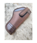 Brown nylon hunting belt holster angled top view with secure strap and reinforced trim