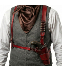 Brown leather double shoulder holster rig worn with single action revolver and matching belt front view
