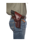 Burgundy leather OWB hip holster worn on belt for strong-side carry