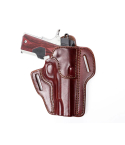 Burgundy leather OWB pancake holster with semi-auto pistol, molded fit and dual belt slots