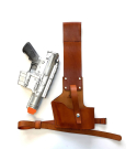 Cassian Andor Inspired Brown Leather Blaster Holster front view with prop