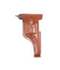 Classic European leather flap holster side profile showing extended lower design