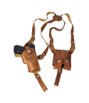 Classic leather shoulder holster system with dual magazine pouch and adjustable harness full product view