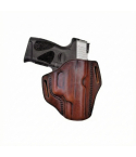 Brown full-grain leather custom OWB holster showing open-top design and molded firearm fit
