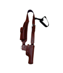 Brown leather vertical shoulder holster with ammo loops and underarm carry design
