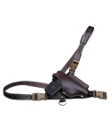 Brown leather chest holster with shoulder and waist straps on white background