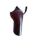 Dark brown leather cross draw revolver holster shown empty in front view