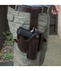 Dark Brown Leather Drop Leg Holster with Magazine Pouch angled front view
