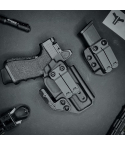 Glock 19 IWB Kydex holster and magazine carrier set with red dot sight flat lay